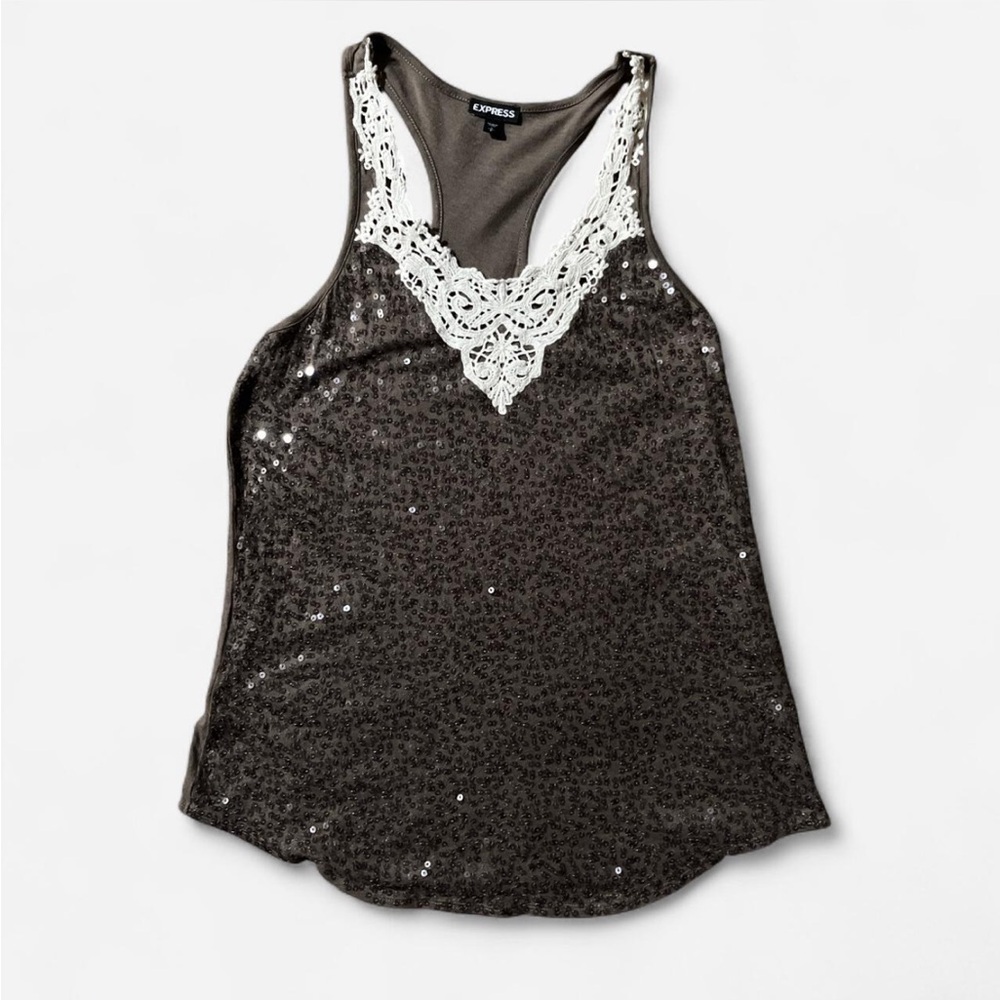 Express - Brown and White y2k Sequin Lace Tank Top - Picture 2 of 5